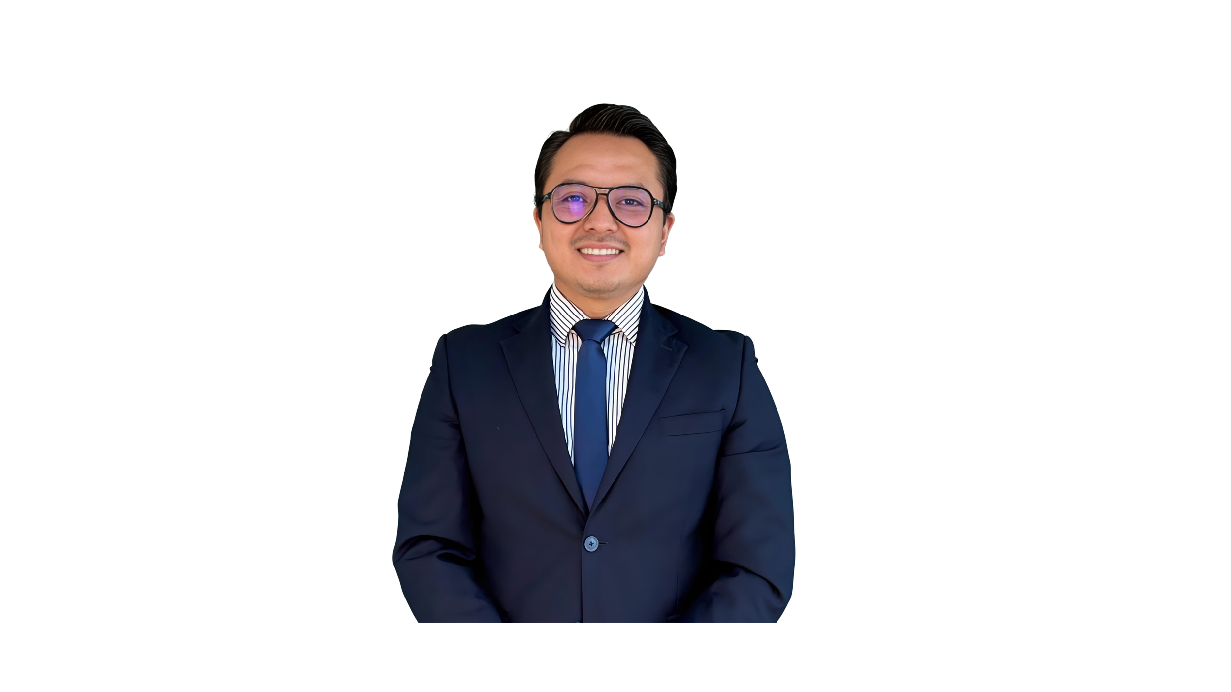 Hombre con gafas, sonrisa, ropa formal, traje y corbata.