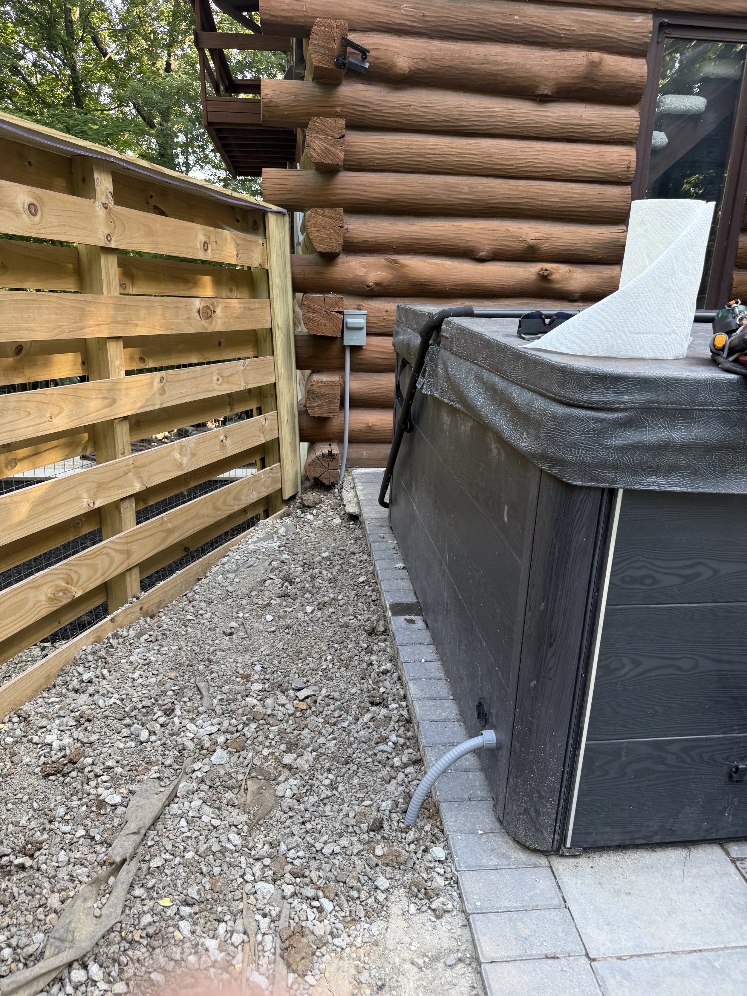 Residential hot tub electrical installation, outdoor spa dedicated circuit layout, and GFCI safety disconnect wiring by ProVolt Electric in Bloomington, IN.