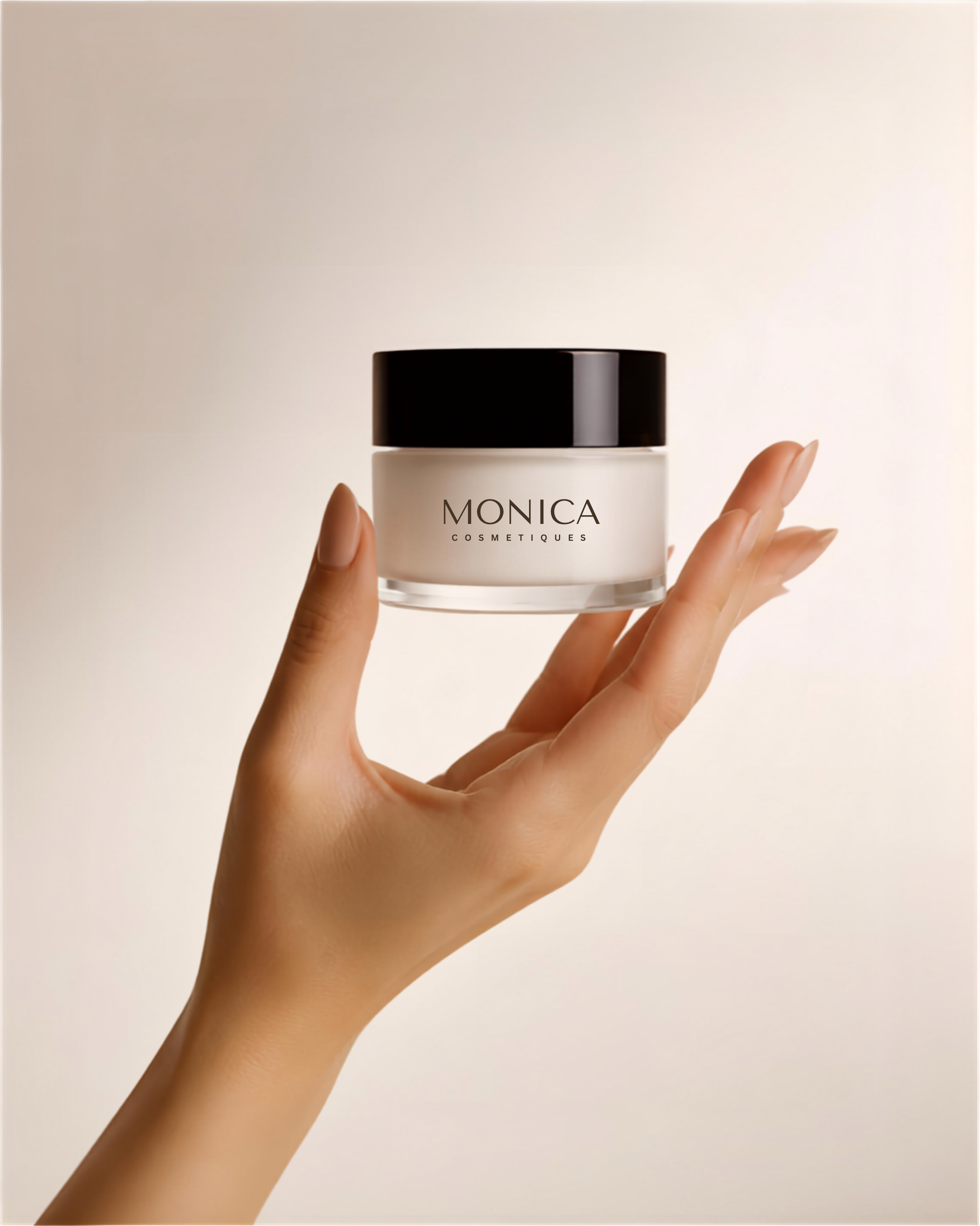 Une main tenant un pot de crème de la marque MONICACOSMETIQUES contre un fond clair.