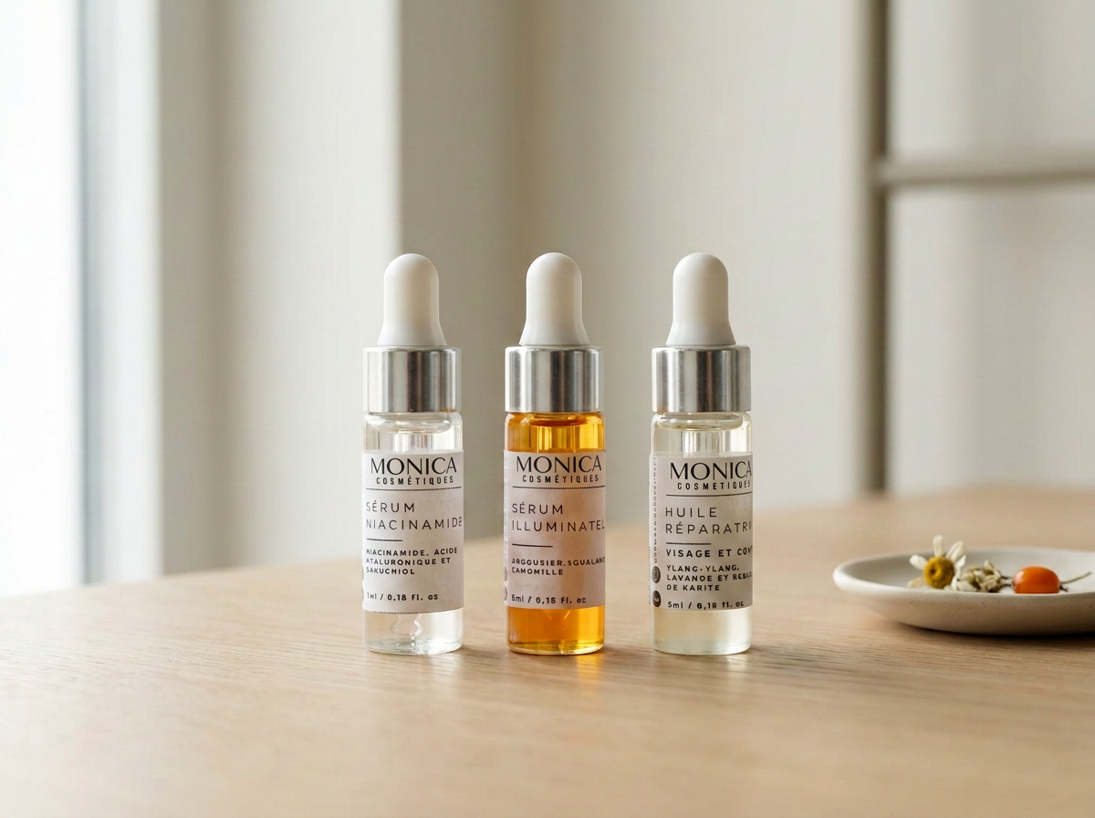 Trois flacons de sérum de soins de la peau sur une table en bois, à côté d'une petite assiette avec des fleurs et une baie d'argousier.
