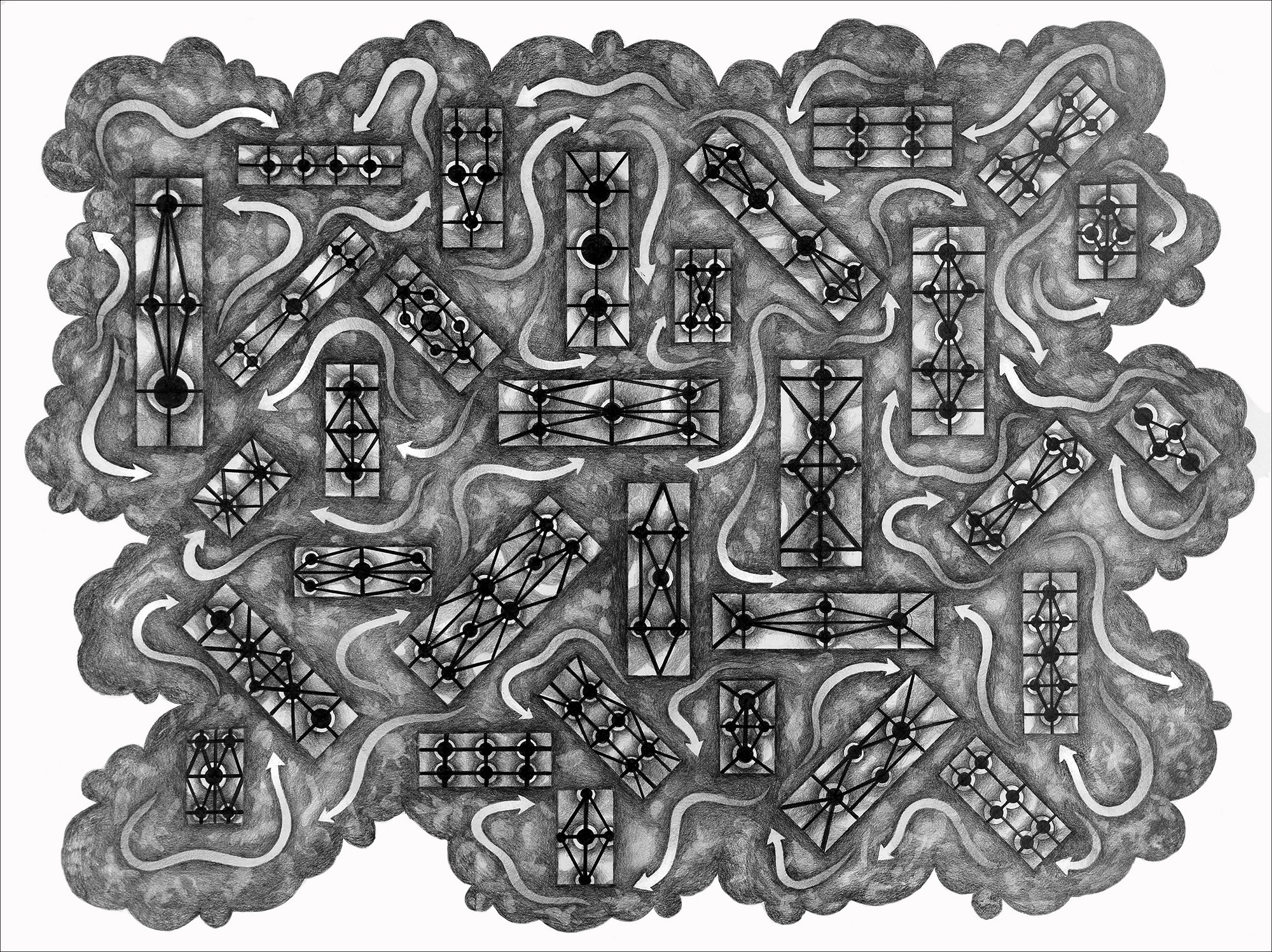 Mustering Ground, 2024, graphite on paper, 22"h x 32"w