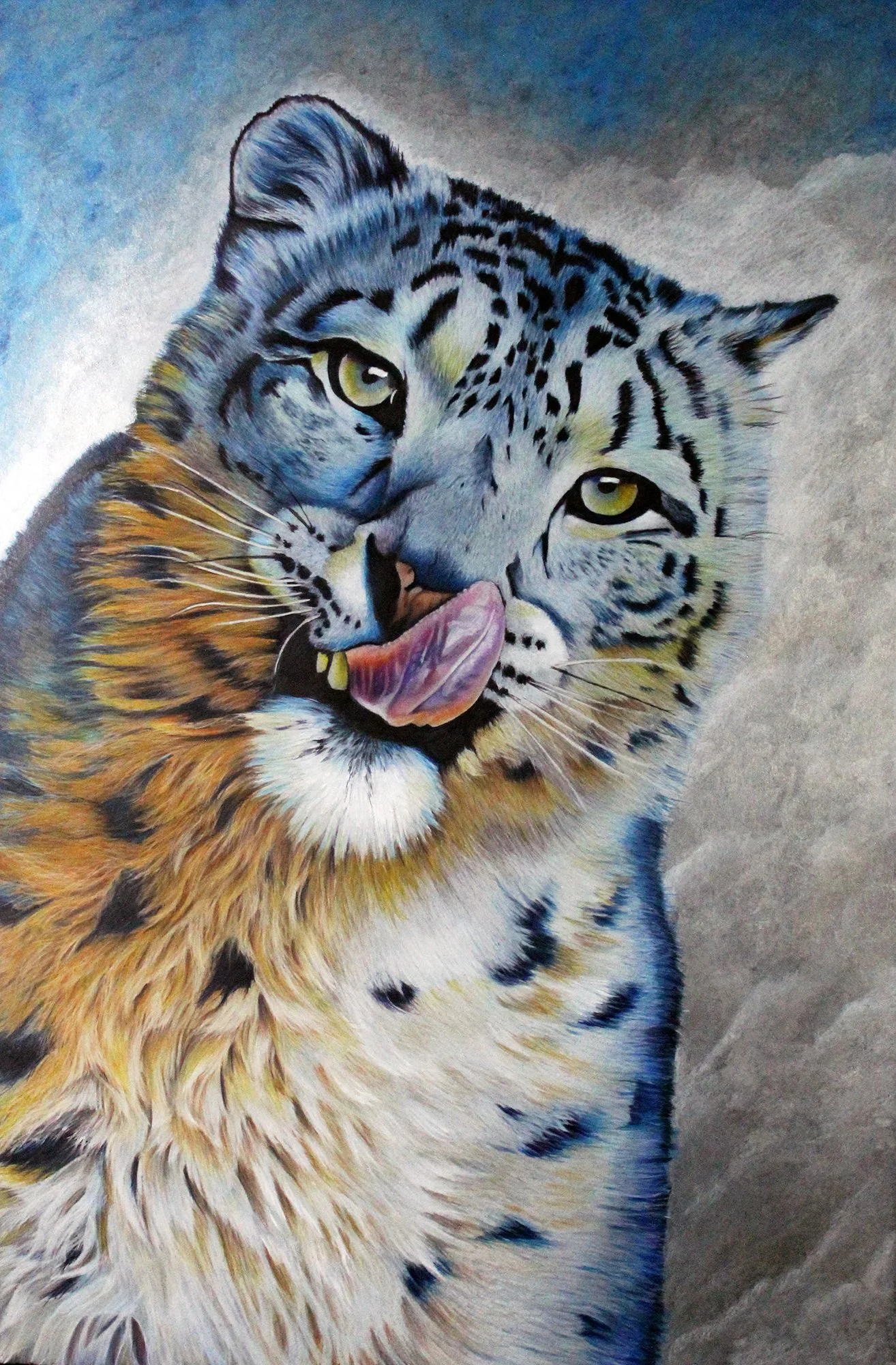 Colorful painting of a wild lynx with its tongue out, featuring detailed fur and facial features against a simple background.