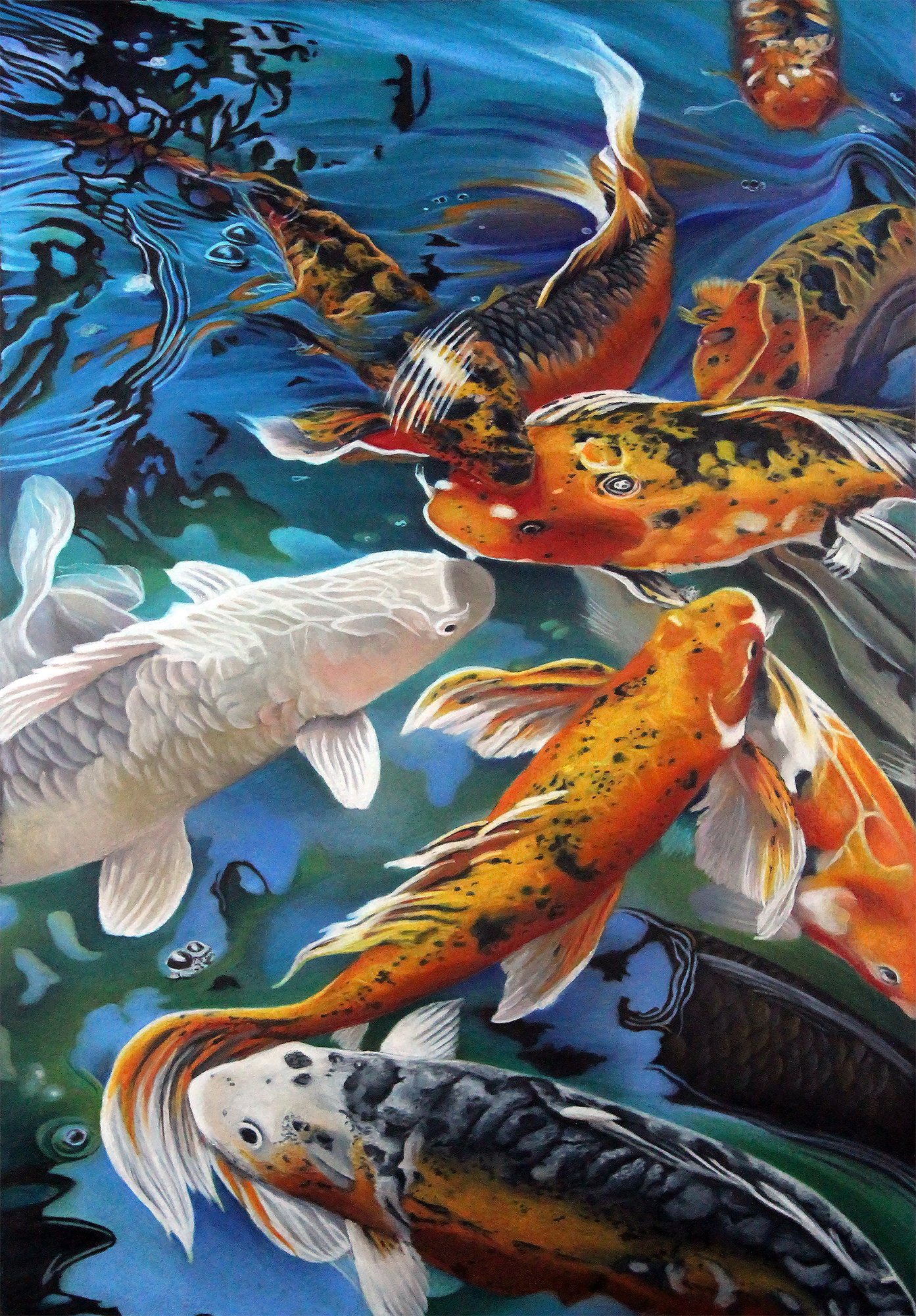 Colorful painting of various koi fish swimming in water, including orange, white, and black patterned koi.