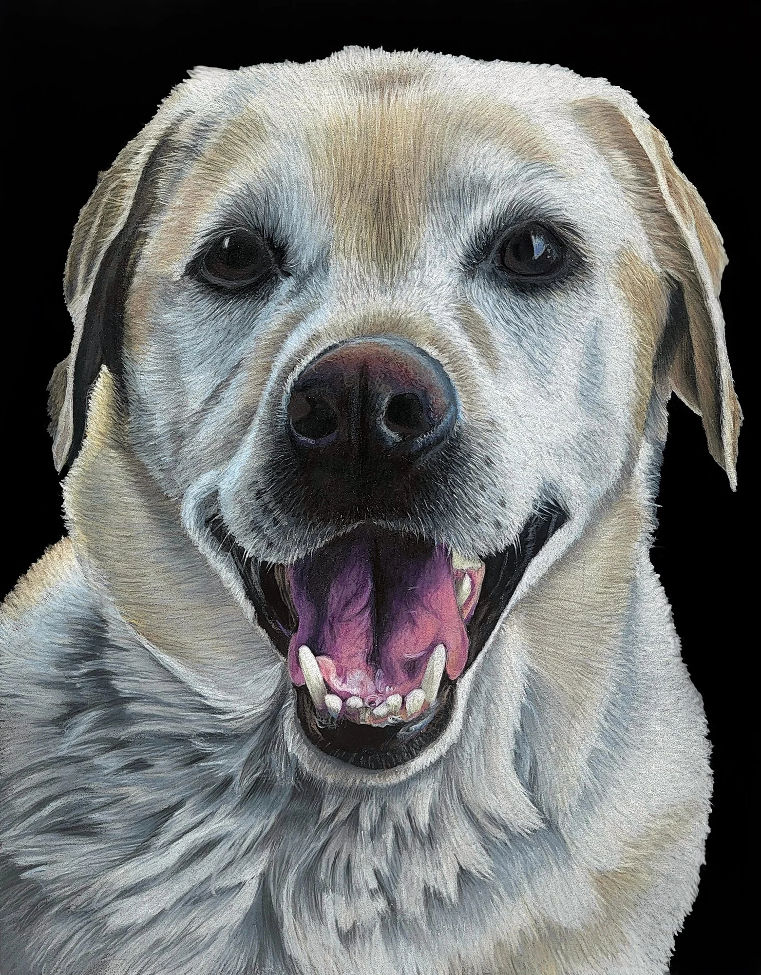 A close-up painting of a happy, smiling dog with its tongue out, showing teeth, against a black background.