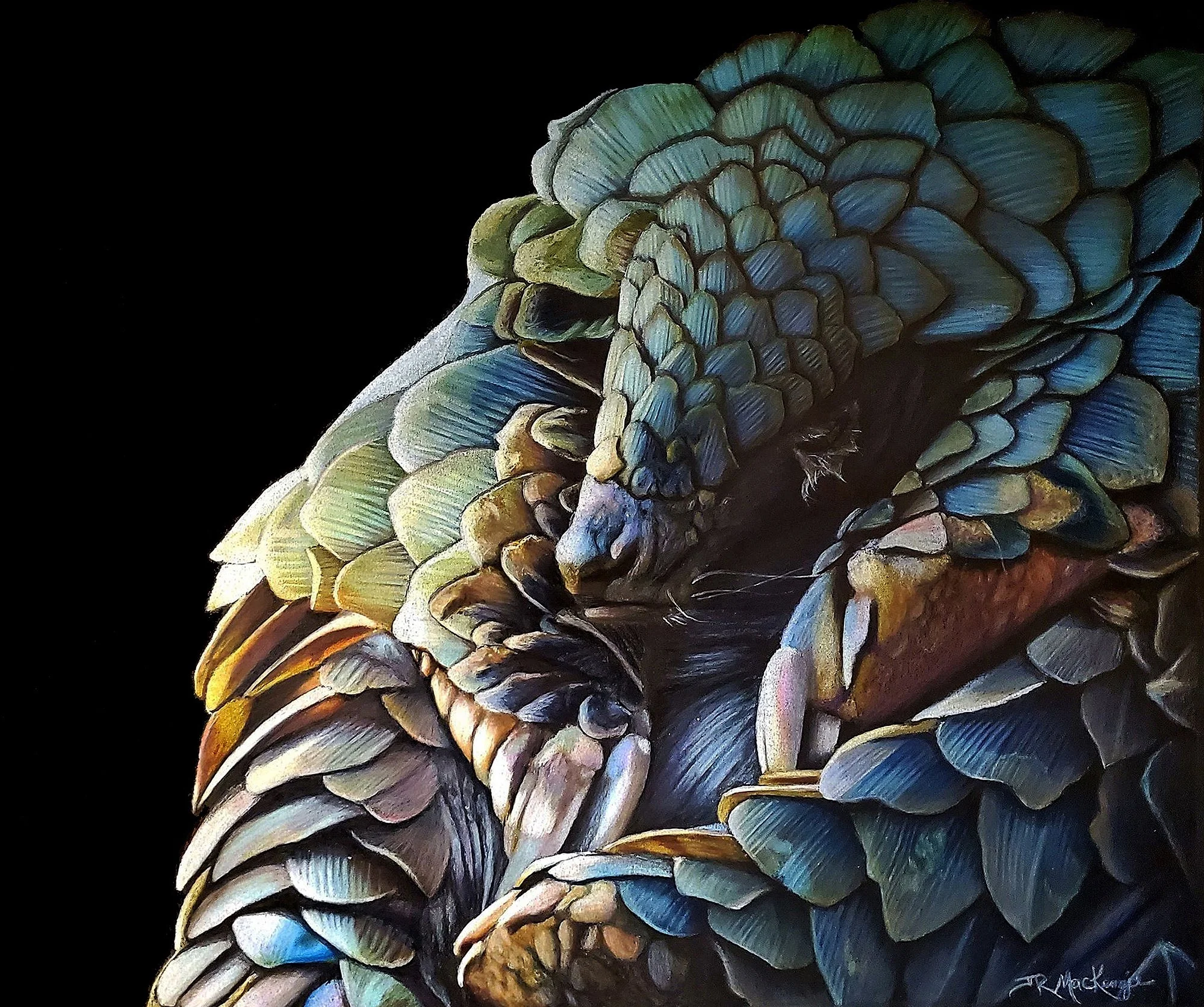 A detailed and colorful painting of a pine cone with an artist's signature in the bottom right corner.