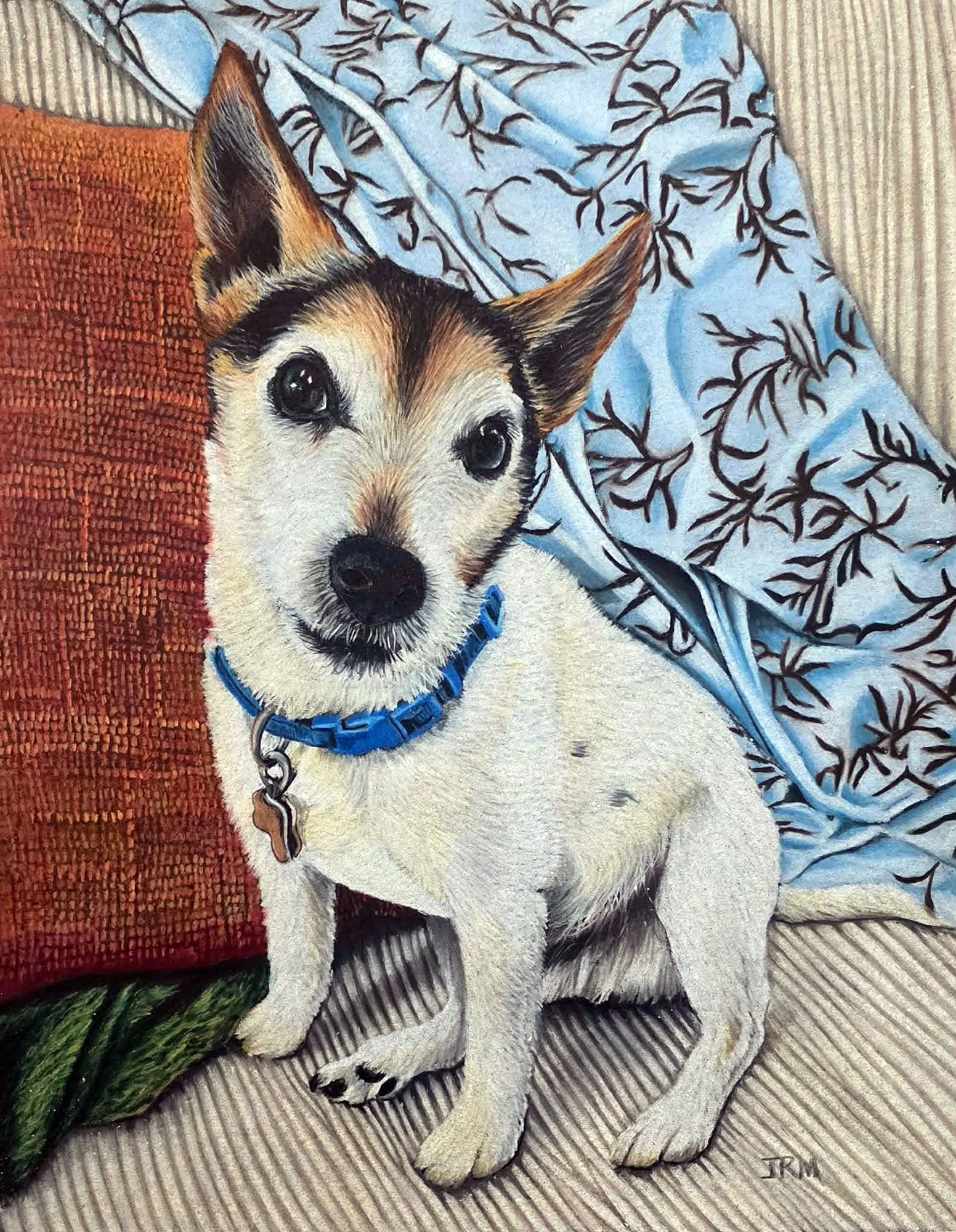 Painting of a cute dog with black, brown, and white fur, sitting on a striped rug, with a blue blanket featuring black leaf patterns and an orange cushion nearby.