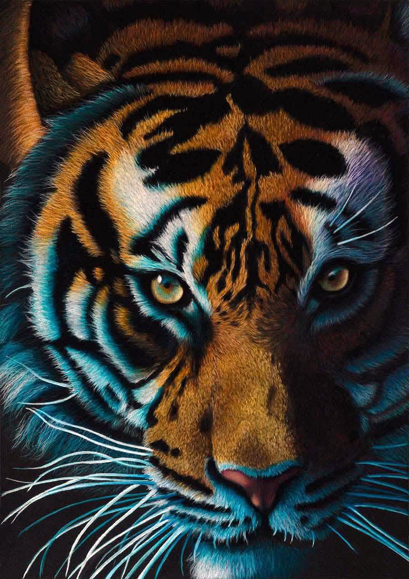 Close-up of a tiger's face with vivid orange, black, white, and blue coloration, showing yellow eyes, whiskers, and detailed fur.