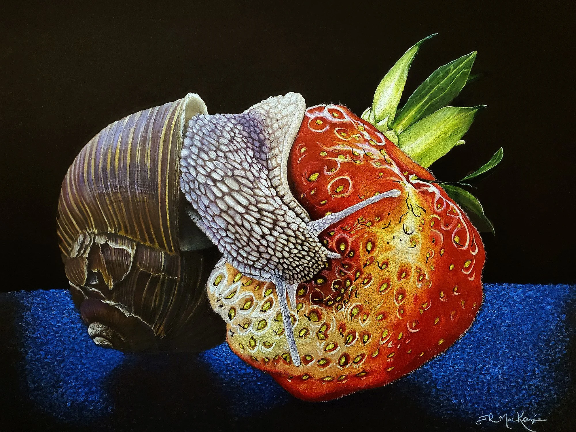 A painted strawberry with green leaves and a seashell on a dark background.