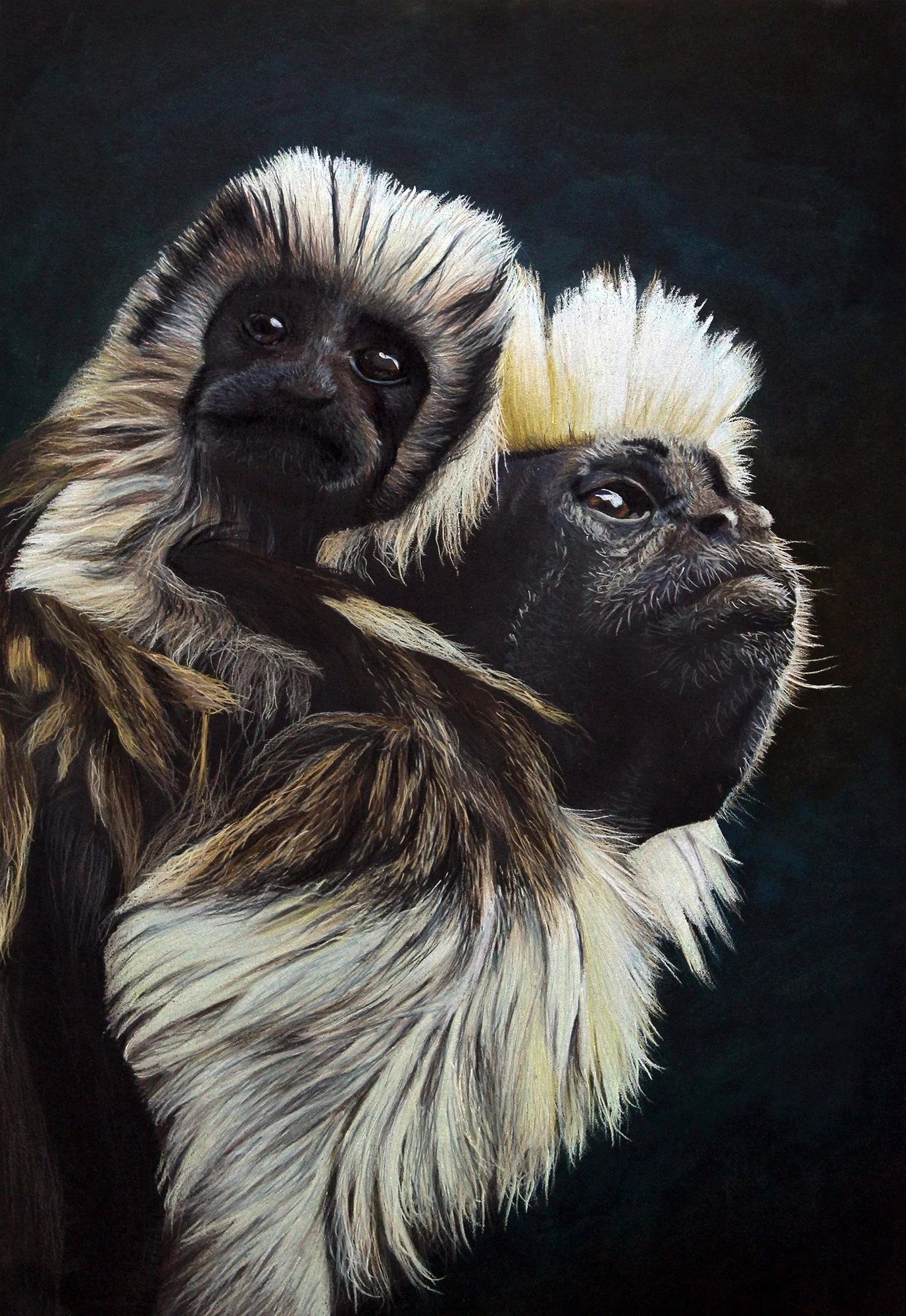 Painting of two gorillas with detailed fur, set against a dark background.