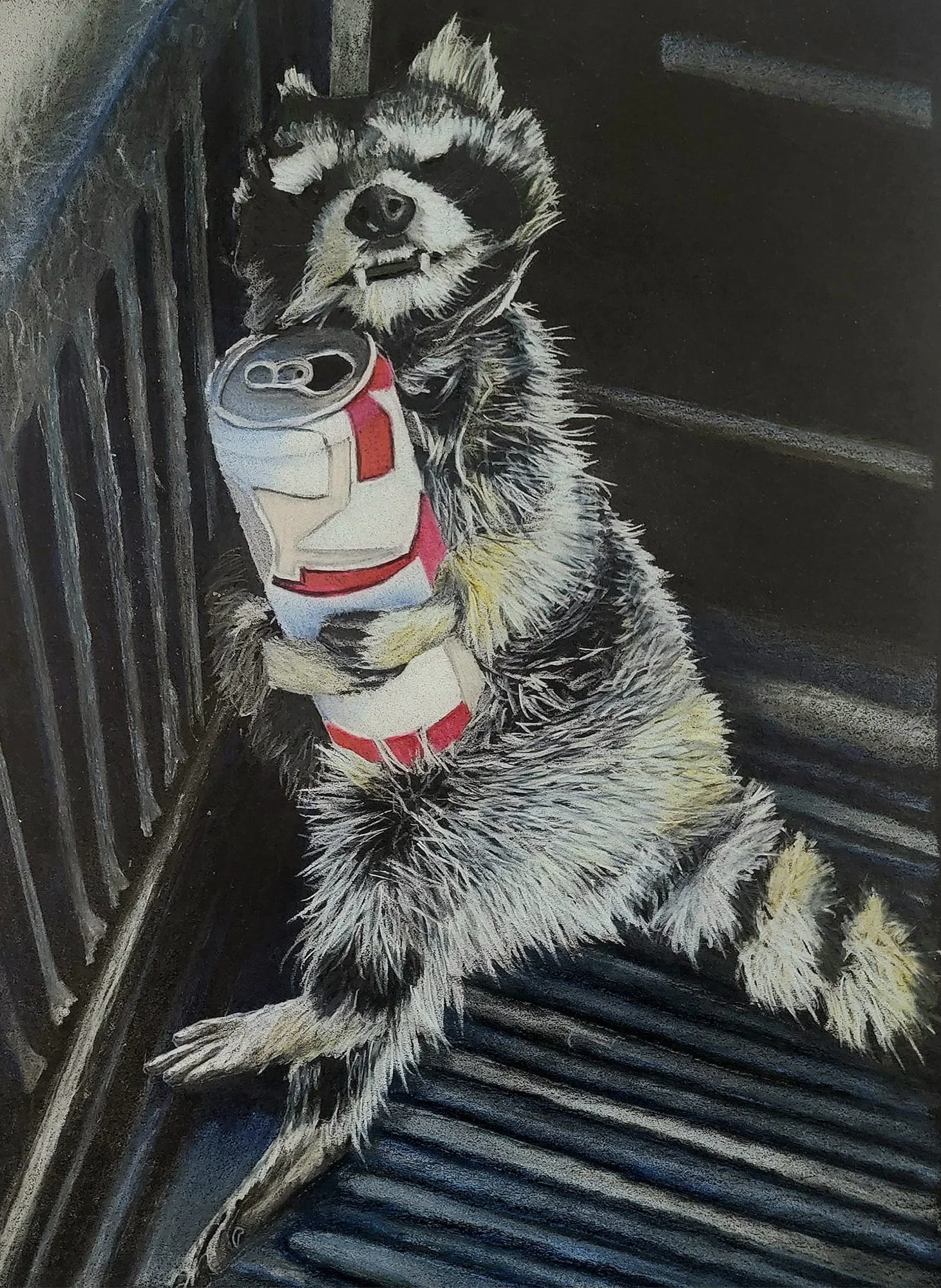 A black and white husky puppy with a fluffy coat, sitting on a black surface, holding an open canned soda in its paws and smiling.