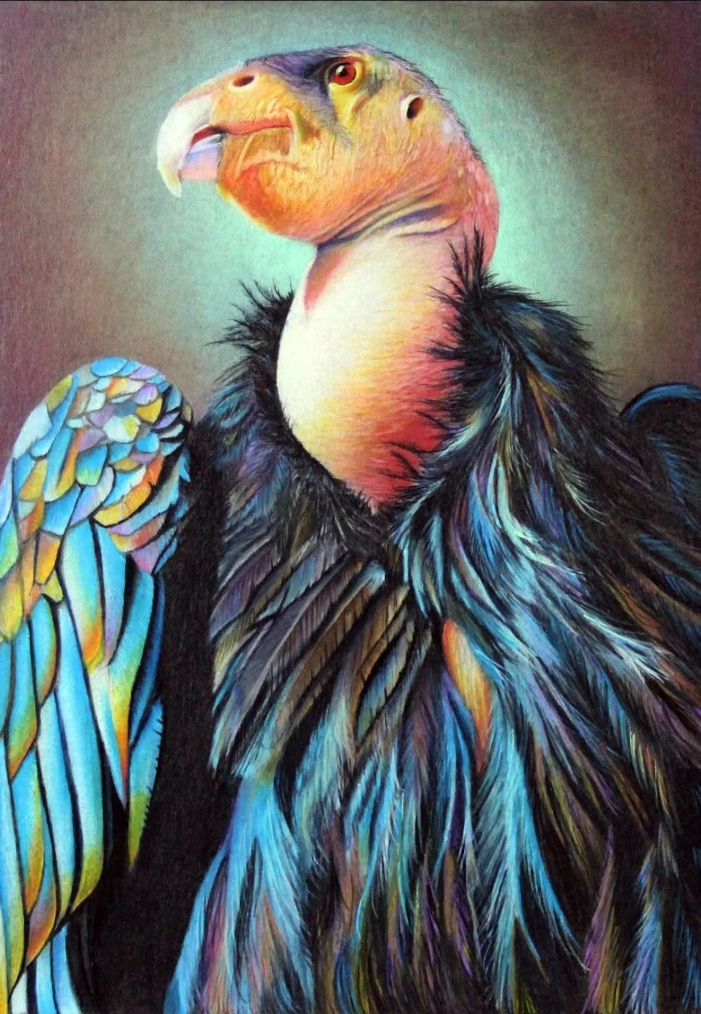 A colorful painting of a bird with a human-like face, featuring vibrant feathers and a detailed, expressive eye.