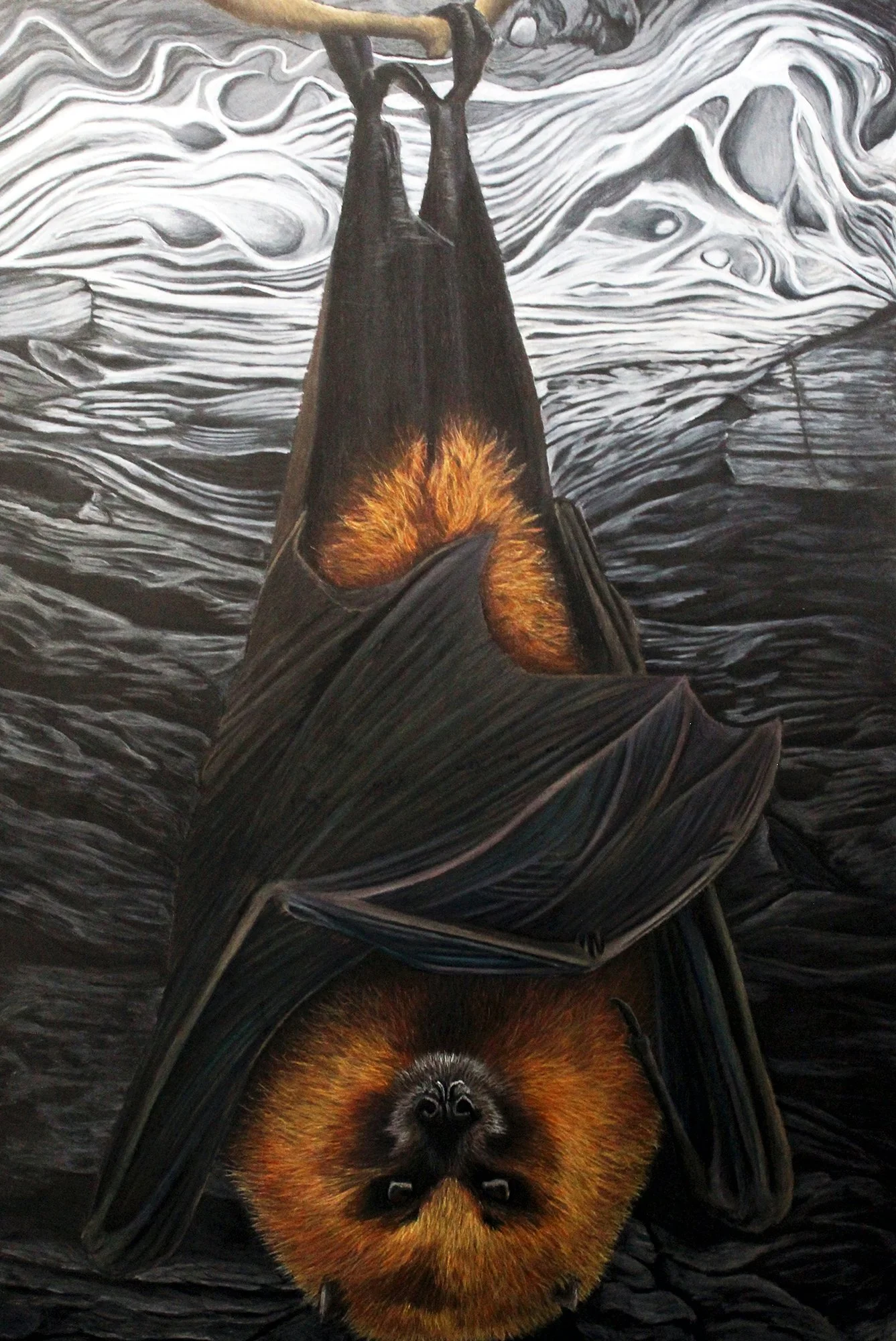 A painted image of a bat hanging upside down with its head facing downward, depicted with realistic fur and facial features, set against a background resembling swirling, textured wood grain in shades of black, gray, and white.