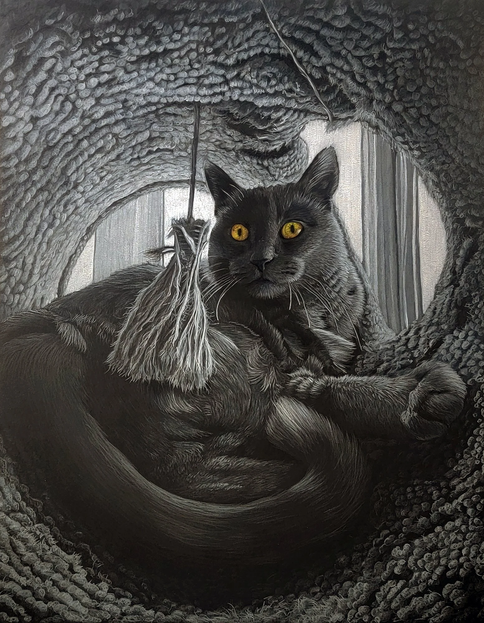 Close-up of a black cat with yellow eyes sitting inside a tree hollow, with textured bark and a dark circular interior.
