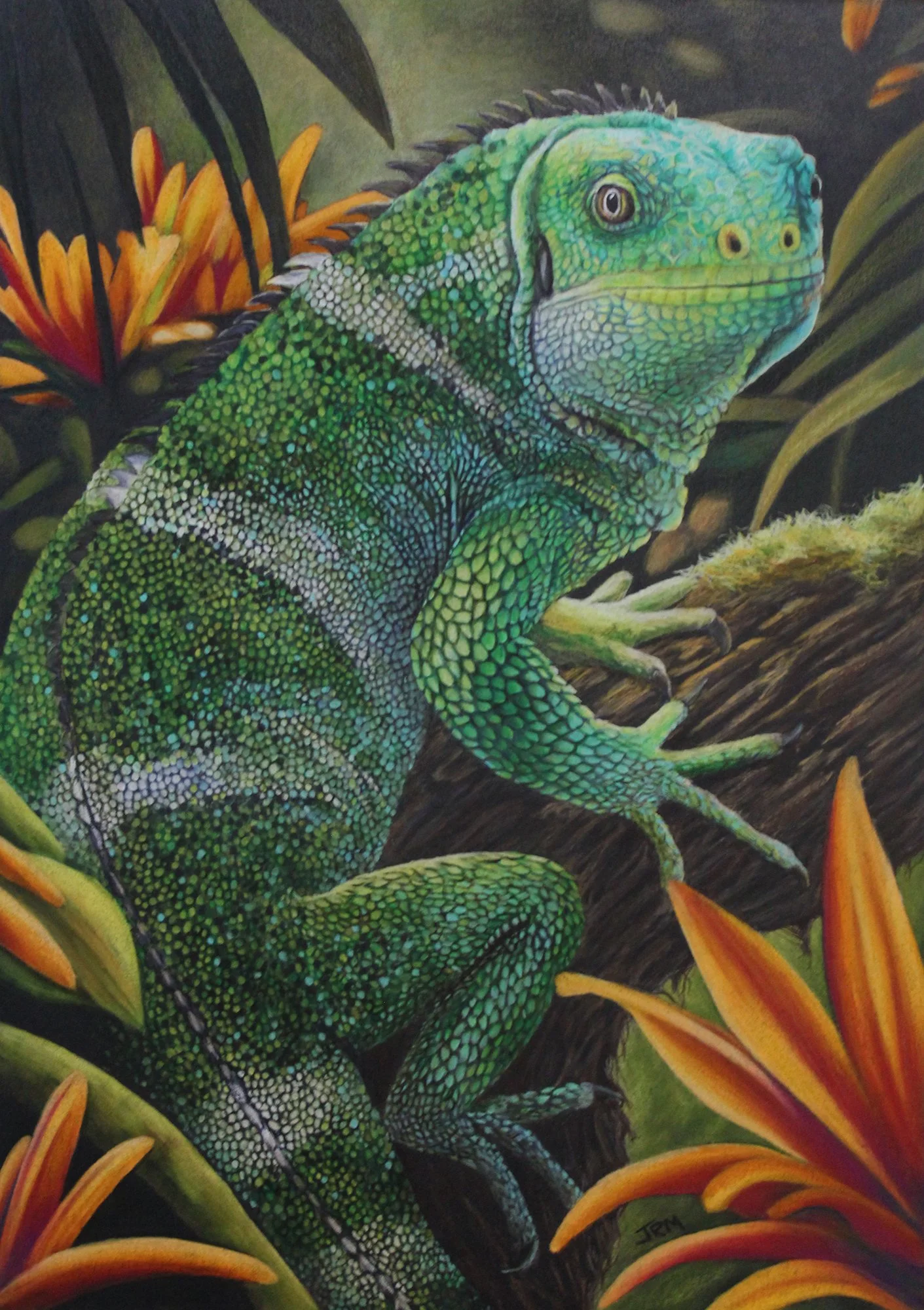 Colorful painting of a green iguana with orange flowers surrounding it.