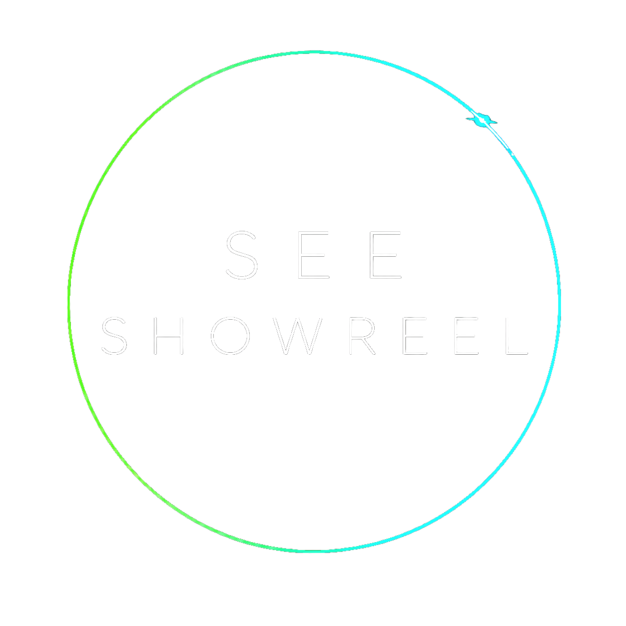 Logo with a circular gradient outline and the text 'SEE SHOW REEL' in the center on a black background.