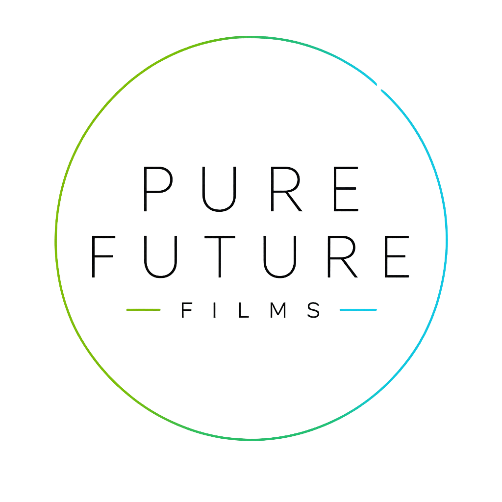 Logo for Pure Future Films with blurred green, blue, and black background.