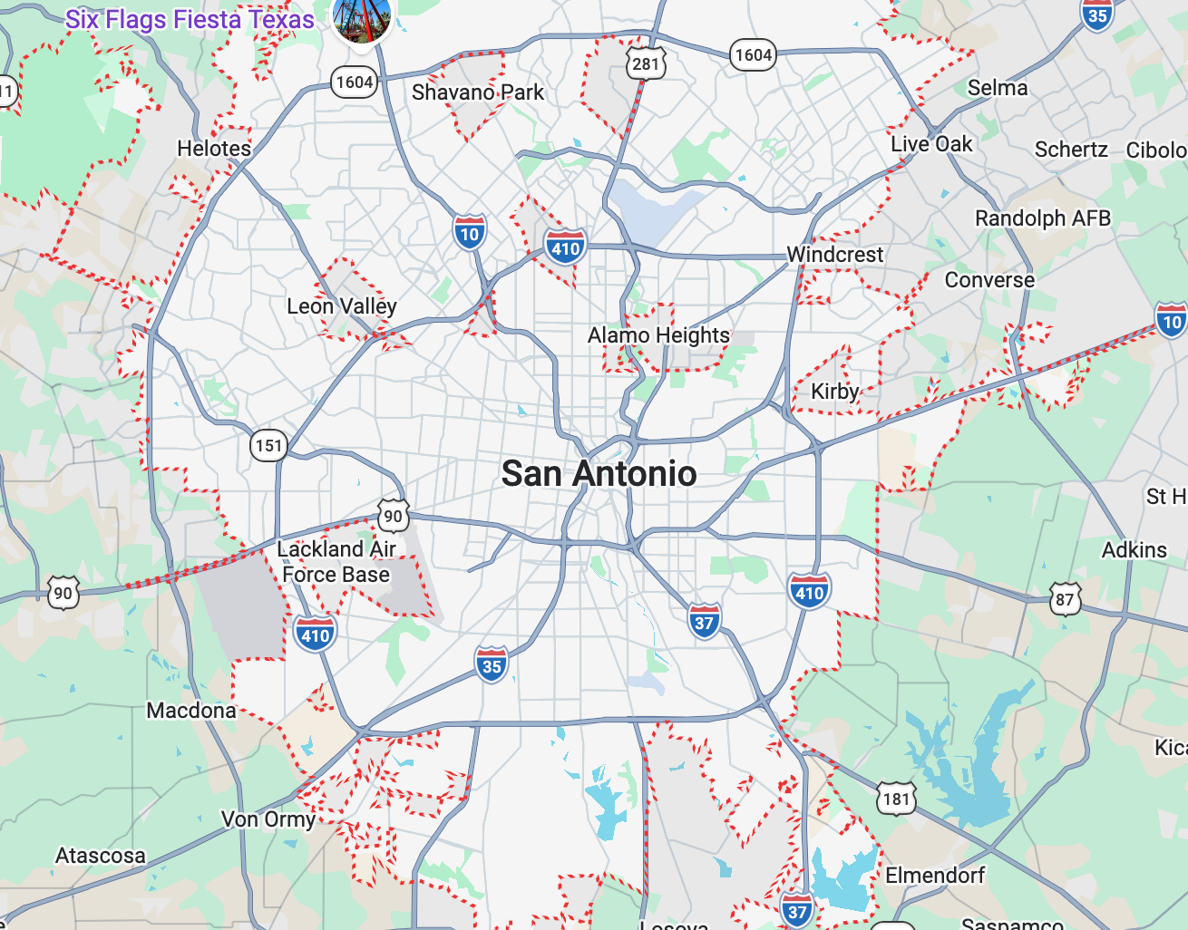 Map of San Antonio, Texas, showing major highways, neighborhoods, and surrounding areas.