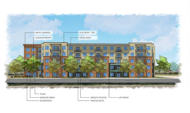 Illustrated architectural rendering of a multi-story residential building with trees in front, labeled with features like metal awnings, flat roof, metal roof, leasing/amenity areas, plaza, masonry brick, storefront, smooth stucco, painted metal, lap siding, and metal at the top.