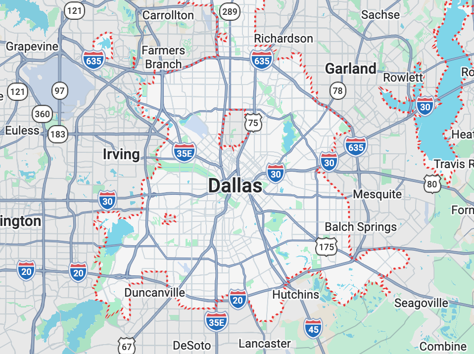 Map of Dallas, Texas and surrounding areas showing major highways, lakes, and nearby cities.