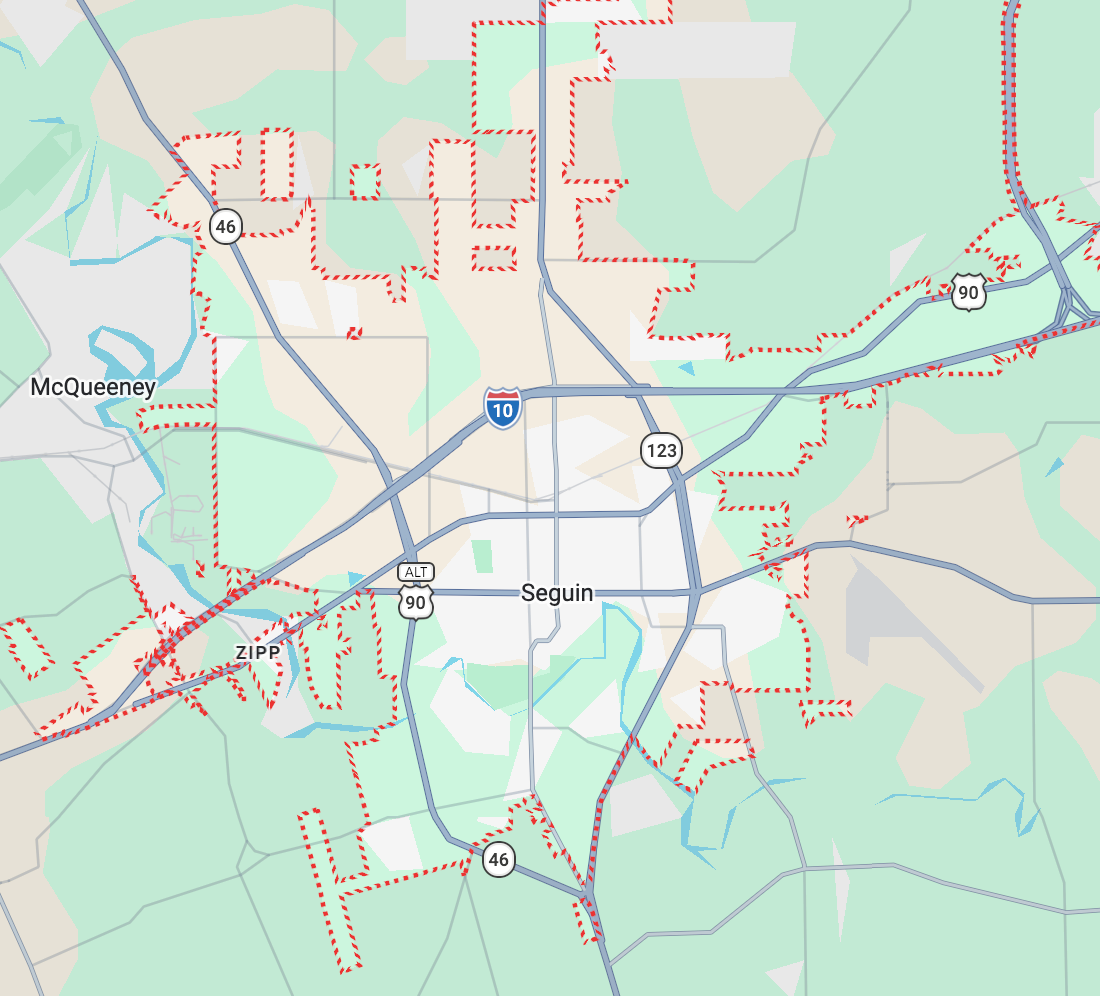 Map of Seguin, Texas, showing highways, city boundaries, and surrounding areas.
