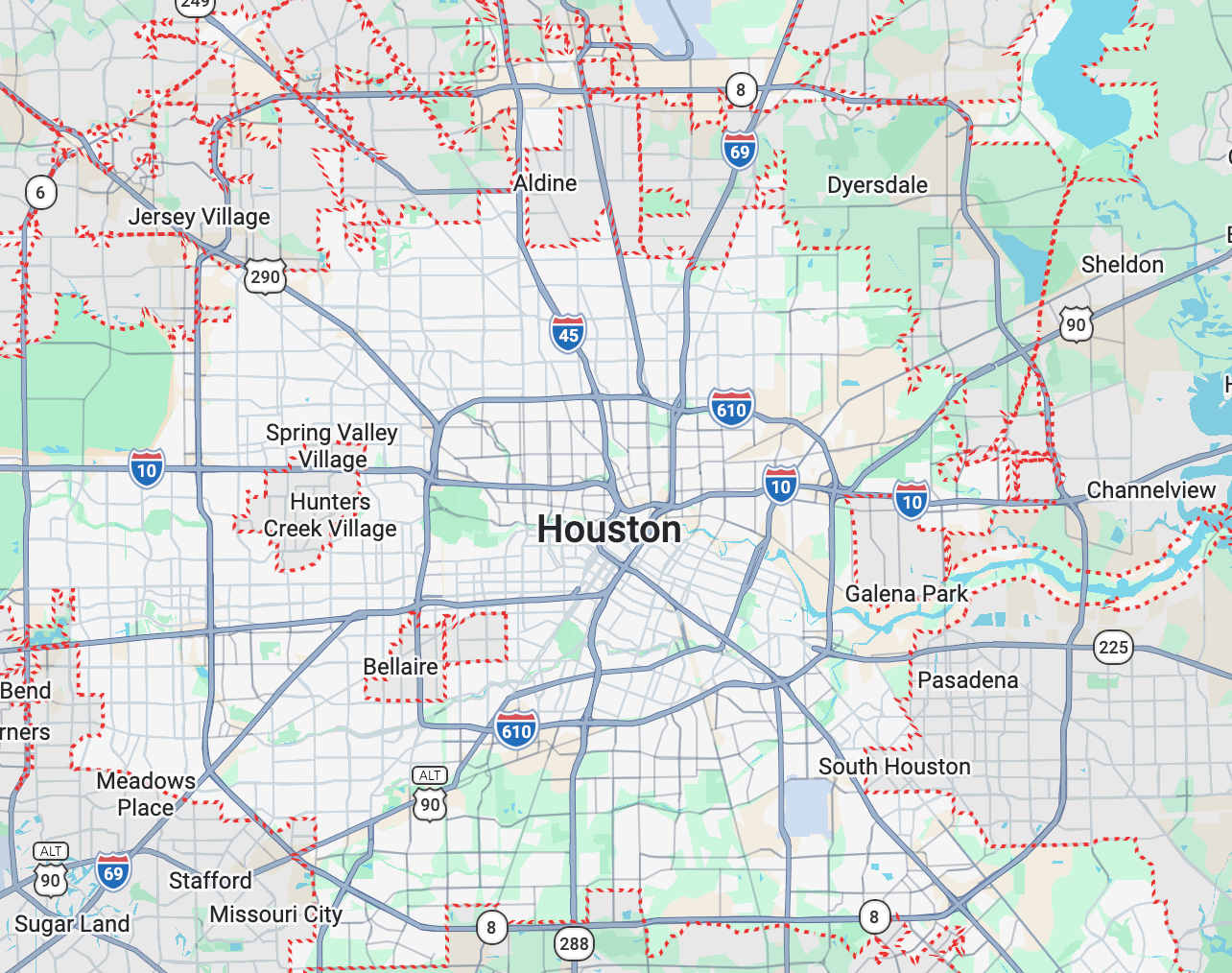 Map of Houston, Texas showing city neighborhoods, highways, and surrounding areas with labels for neighborhoods such as Jersey Village, Spring Valley Village, Hunters Creek Village, Bellaire, Meyerland, Sienna Place, Missouri City, Stafford, Sugar Land, Pasadena, South Houston, Galena Park, Channelview, Sheldon, Dyersdale, Aldine, and nearby highways like I-10, I-45, I-69, and I-610.