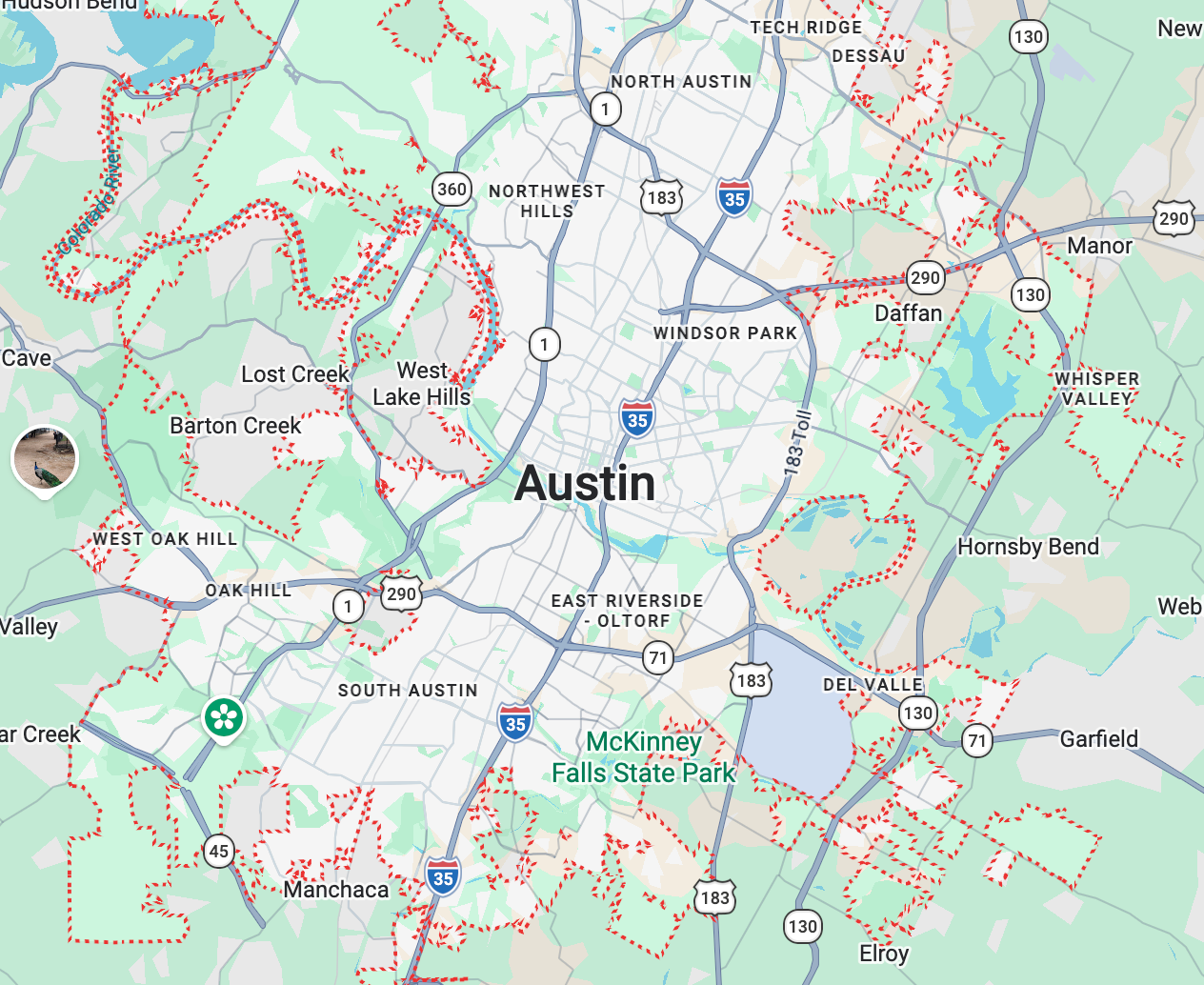 Map of Austin, Texas and surrounding areas showing neighborhoods, highways, lakes, and parks such as McKinney Falls State Park.