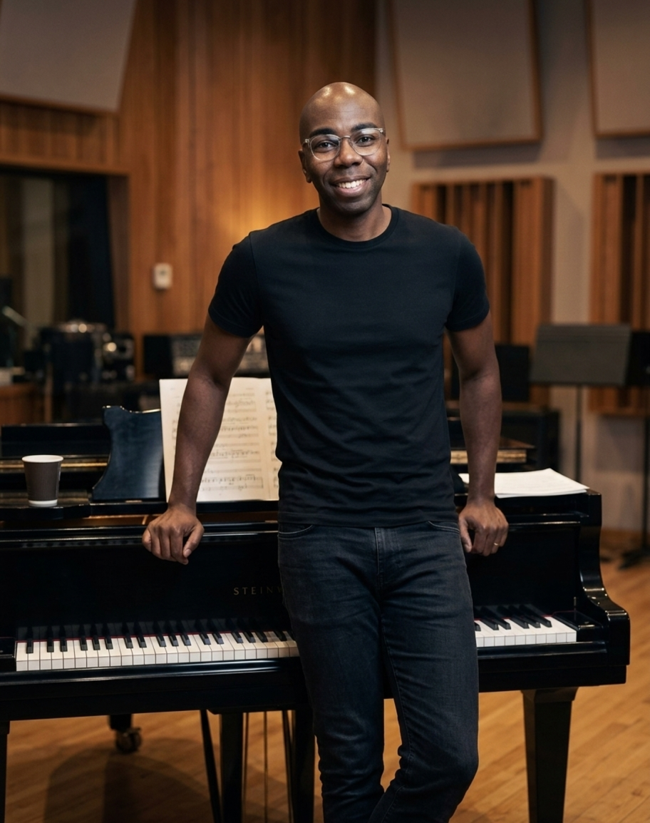 A smiling man in a black t-shirt and jeans leaning on a grand piano in a music recording studio.