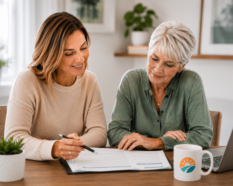 A healthcare advocate and client reviewing information together over coffee.