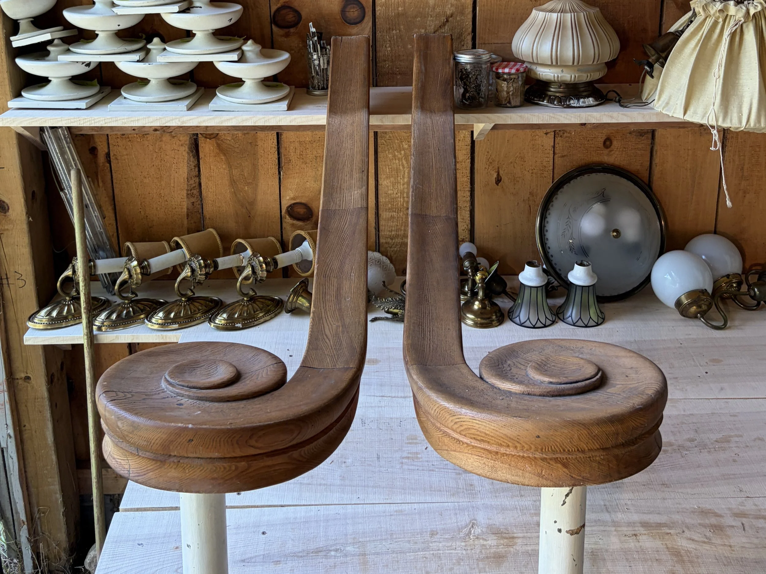 Antique Hardwood Curved Handrail End Pair