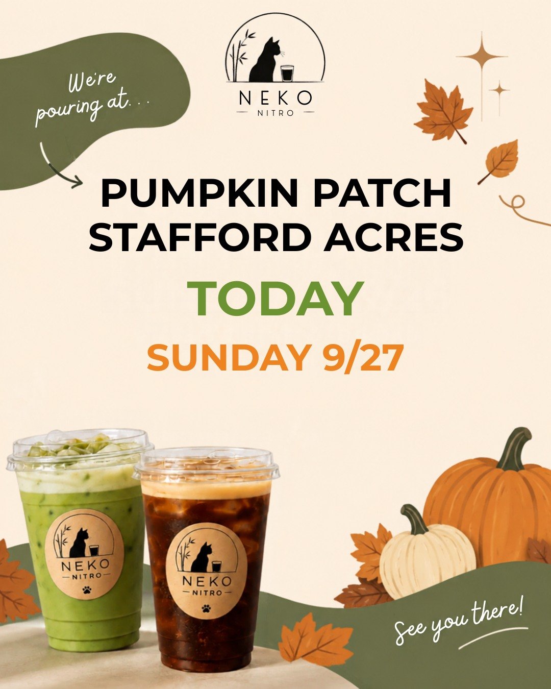 🎃☕️ We&rsquo;re pouring at Pumpkin Patch &ndash; Stafford Acres TODAY! 🍂

Come find Neko Nitro at the pumpkin patch for your favorite nitro cold brew or nitro matcha while you enjoy all the fall fun! 🍁💚

📍 Pumpkin Patch &ndash; Stafford Acres
📅