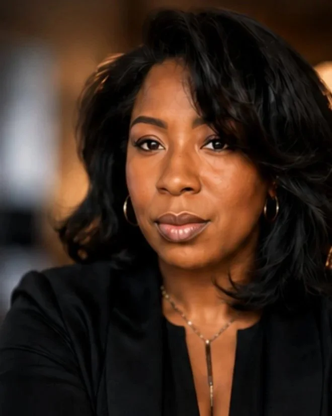 Portrait of an African American woman with shoulder-length curly black hair, wearing hoop earrings, a necklace, and a black top, with a neutral background.