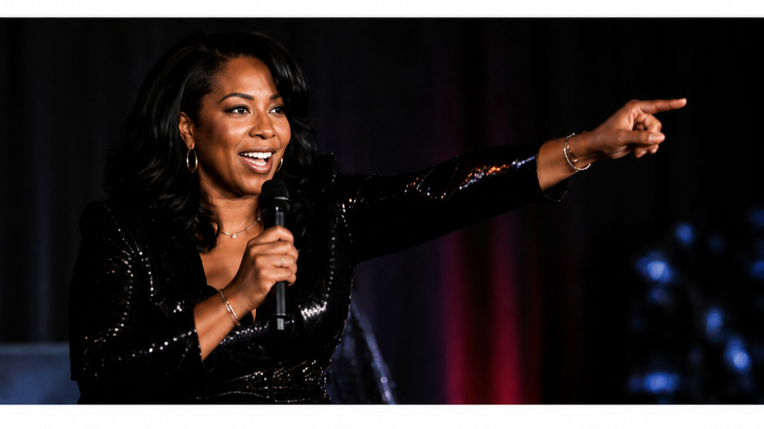 Woman with dark hair and hoop earrings speaking into a microphone and pointing to the right, dressed in a shiny black outfit, on stage.