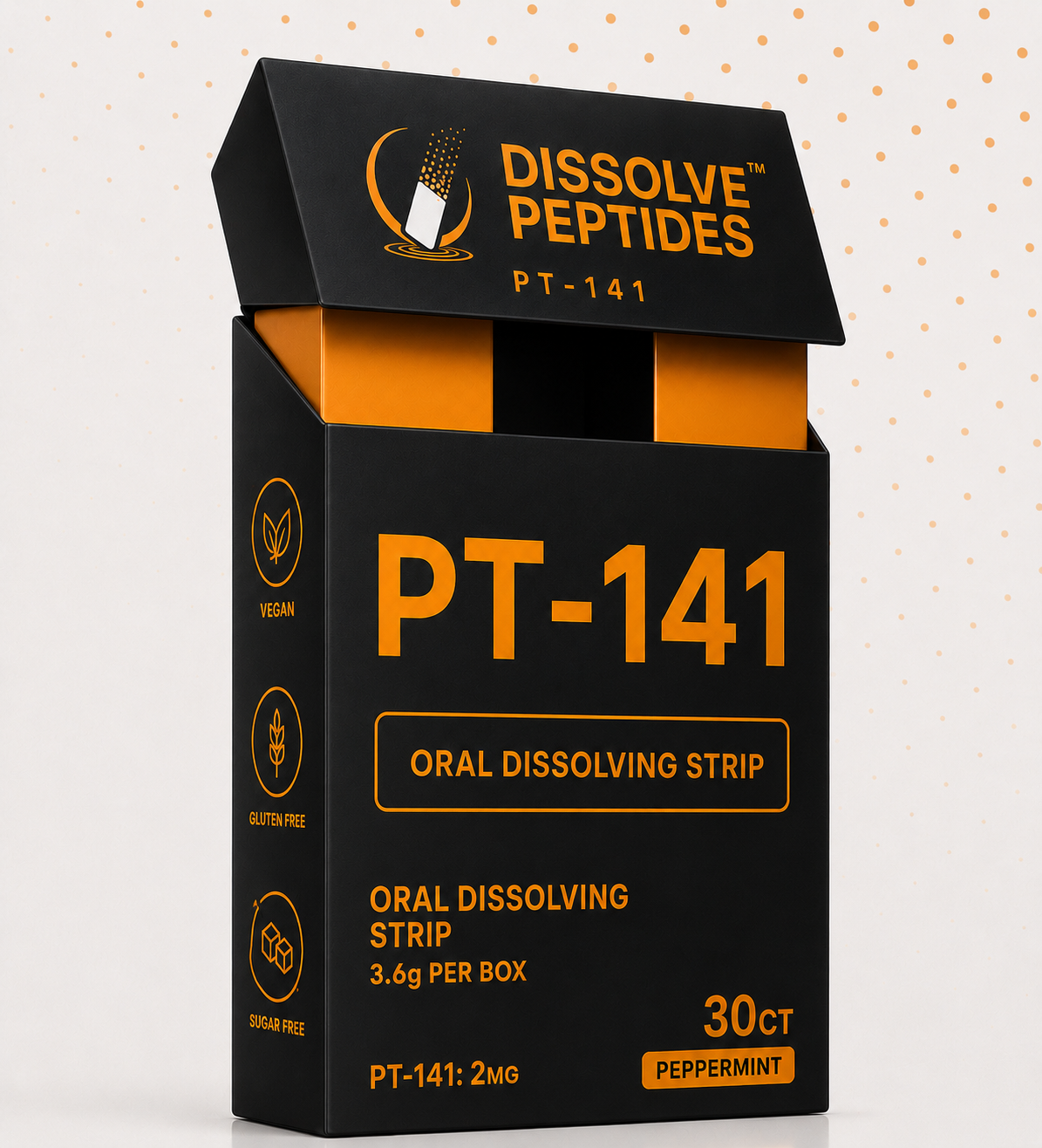 A black and orange box labeled PT-141 containing 30 peppermint oral dissolving strips, with icons indicating the strips are vegan, gluten-free, and sugar-free.