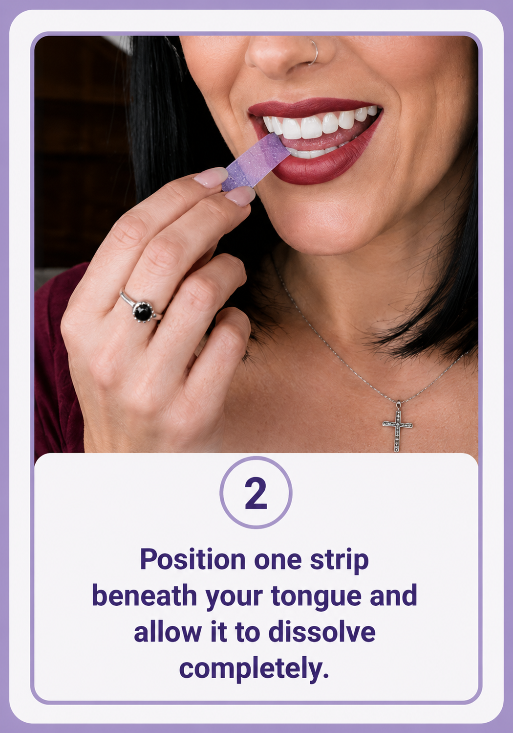 A woman with black hair, red lipstick, and a nose piercing is holding a purple dissolvable strip beneath her tongue. She is wearing a ring with a black stone and a cross necklace. The image includes instructions to position the strip beneath the tongue for complete dissolution.