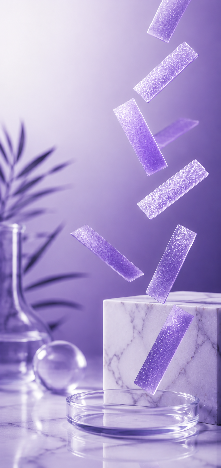 Floating purple holographic rectangular prisms above a marble slab in a stylized, purple-lit scene with a white marble base, a glass Petri dish, and a glass vase with a plant in the background.