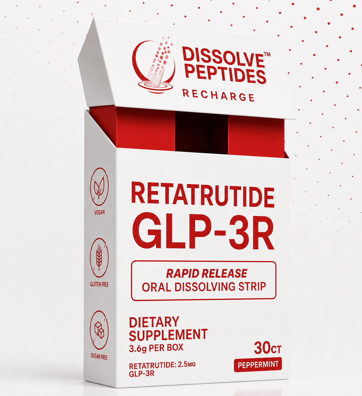 Open white and red box of Dissolve Peptides Retatrutide GLP-3R oral dissolving strips, labeled as a dietary supplement with peppermint flavor, showing icons for vegan, gluten free, and sugar free, with 4 strips inside.