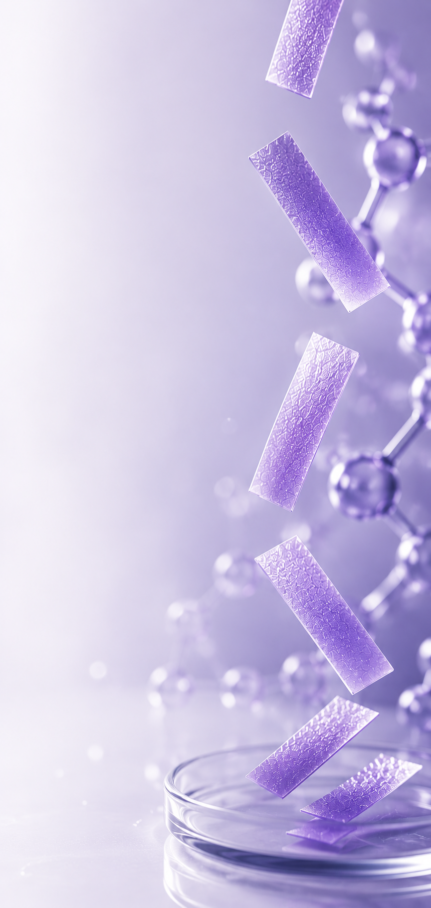 Purple laboratory with rectangular strips falling into a petri dish, connected to a molecular model structure in the background.