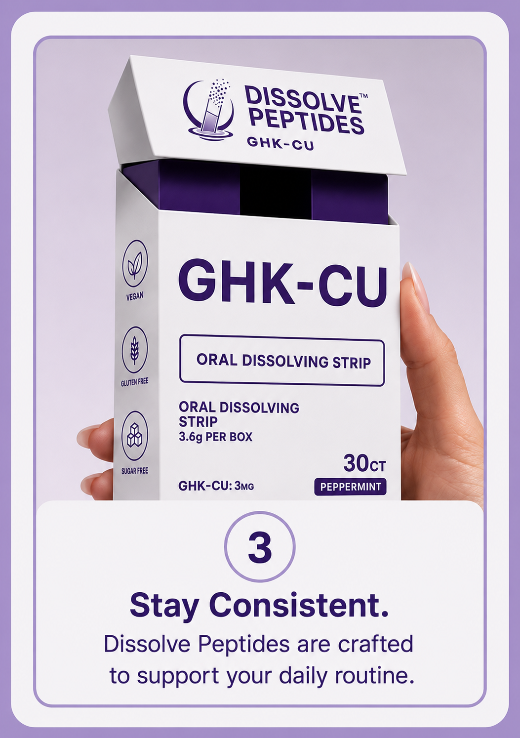 A hand holding a box of GHK-Cu oral dissolving strip, a supplement with peppermint flavor. The packaging is white with purple text and icons indicating it is vegan, gluten free, and sugar free. The box contains 30 dissolving strips and includes additional information about dosage and benefits.