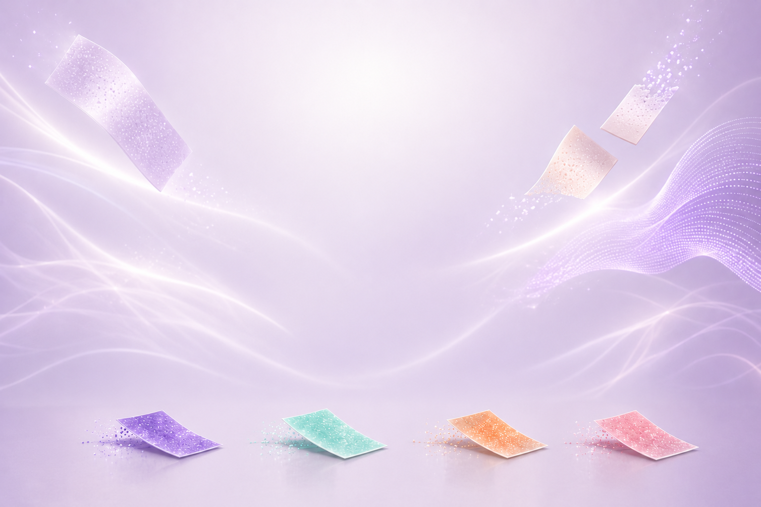 Colorful, shimmering peptide strips in purple, green, orange, and pink with sparkles, arranged in a row on a light purple background with flowing abstract light patterns.