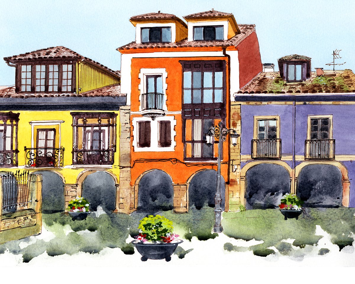 Cuatro casas coloridas en un estilo de pintura watercolor, con detalles en balcones y ventanas, en un ambiente soleado con macetas con flores en la acera.