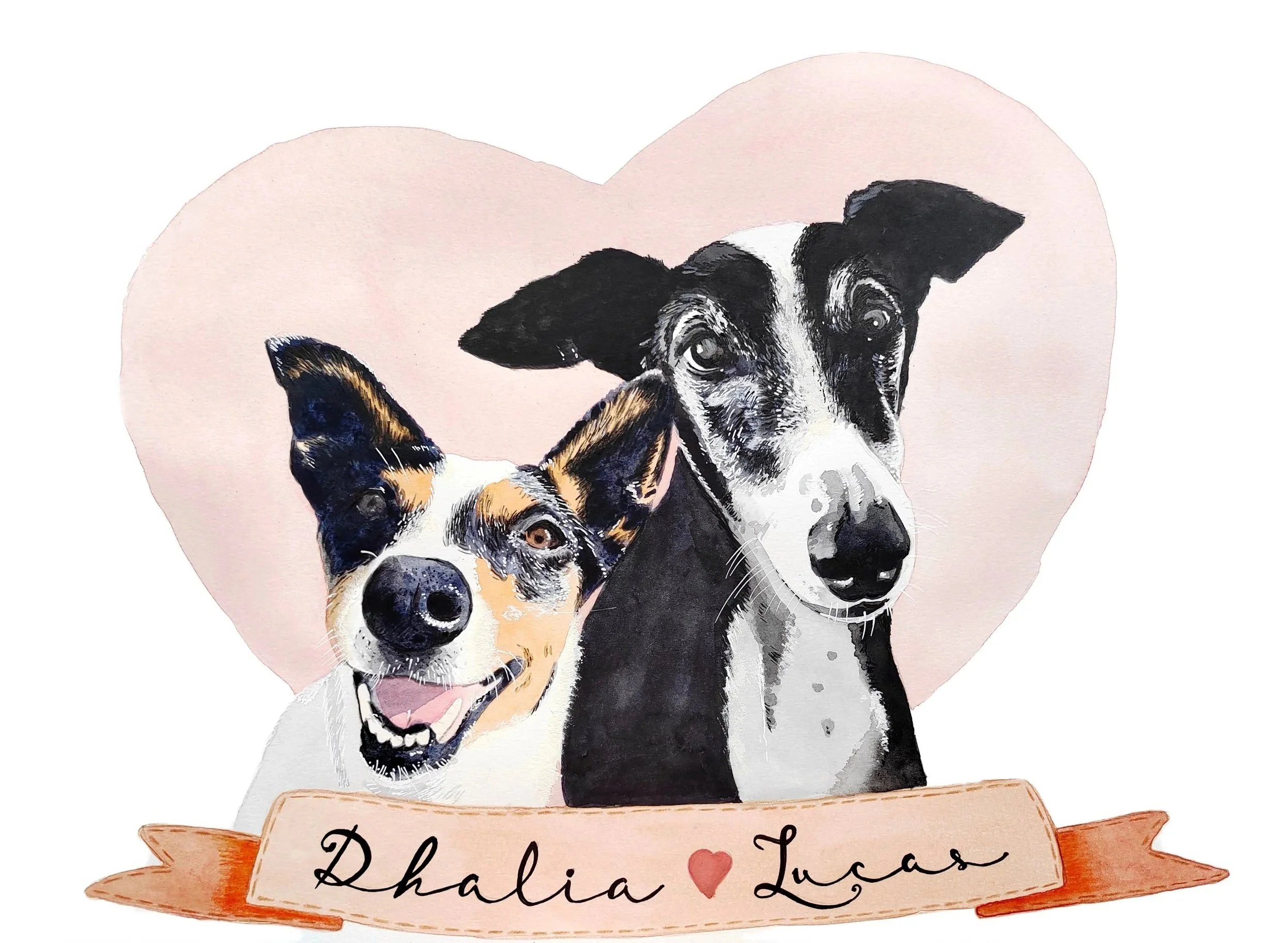 Ilustración de dos perros, uno con manchas negras y blancas y otro con manchas negras, en un fondo con forma de corazón, sobre una cinta con el texto 'Bhalia Lucas' y un corazón en el centro.