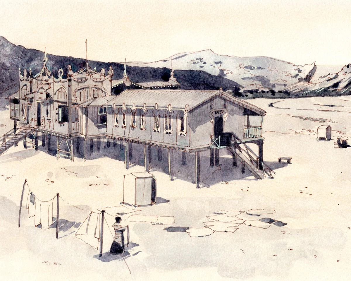 Dibujo a acuarela de una casa en la playa con montañas al fondo, con cuerda para tender ropa y una persona sentada cerca.