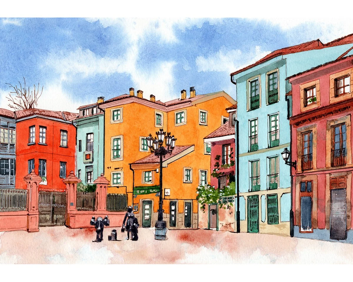 Ilustración de un barrio con edificios de colores en tonos naranja, azul y coral, con farolas y algunas personas en la calle.