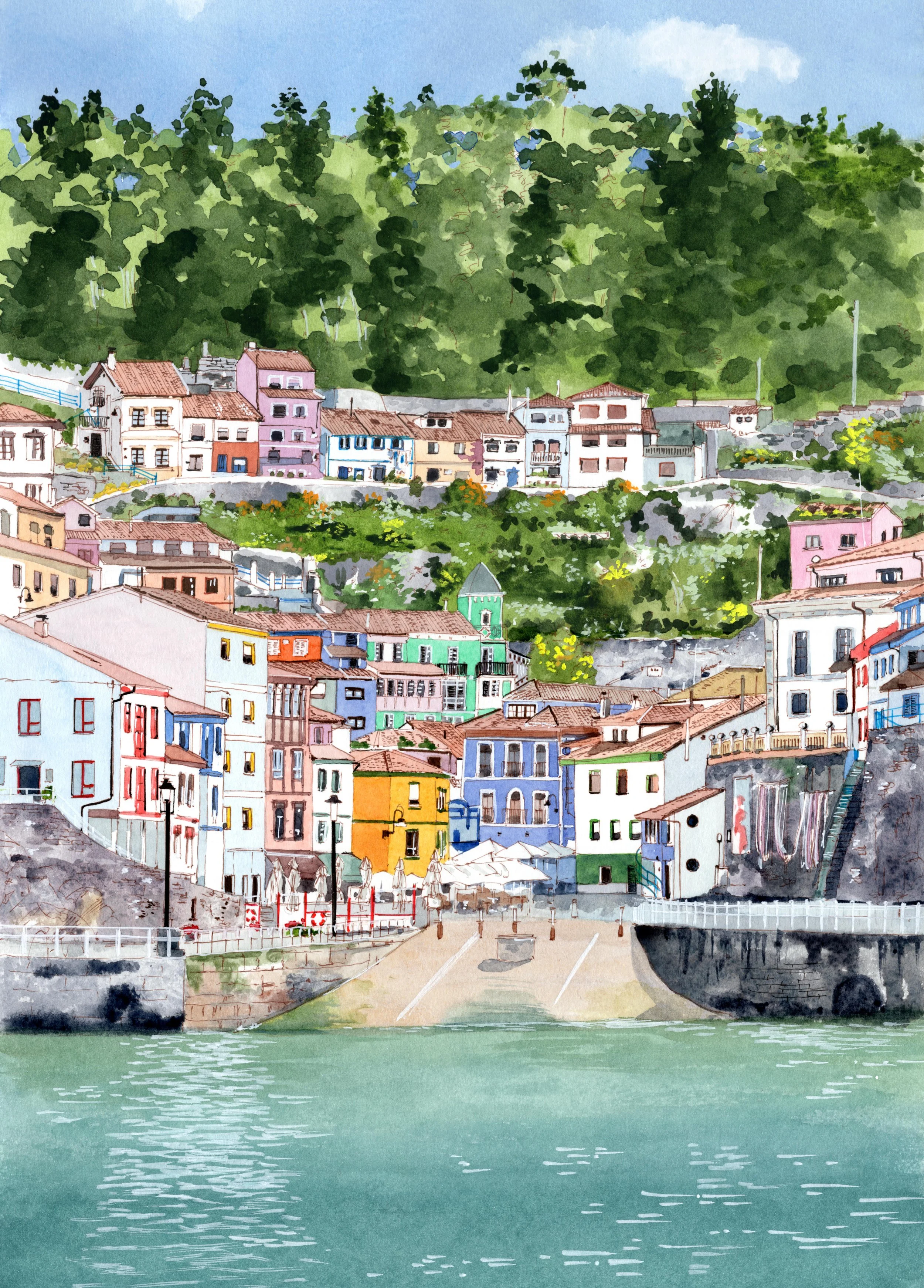 Pintura que representa una ciudad costera con edificios coloridos y casas en las colinas rodeadas de vegetación, junto a un río o mar en primer plano.