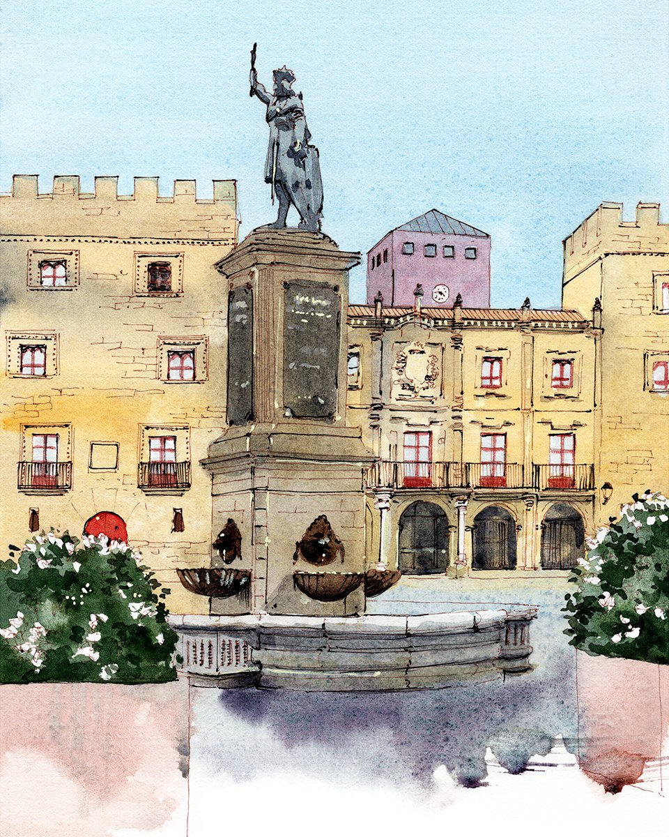 Escultura de Pelayo y Palacio de Revillagigedo, Gijón