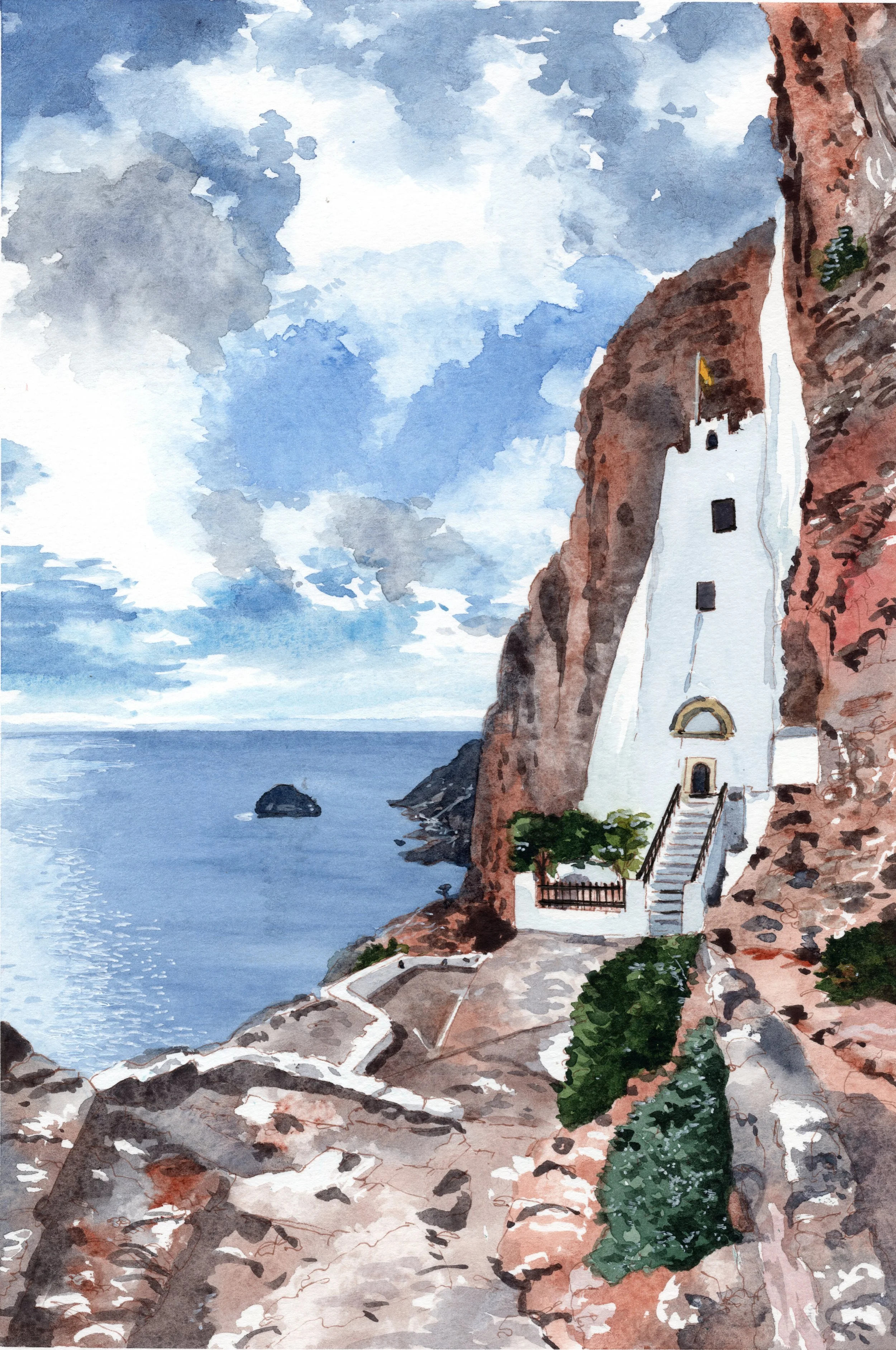 Una vista pintada de una iglesia blanca construida en un acantilado rocoso con escaleras que conducen a la entrada, con el mar y el cielo nublado en el fondo.