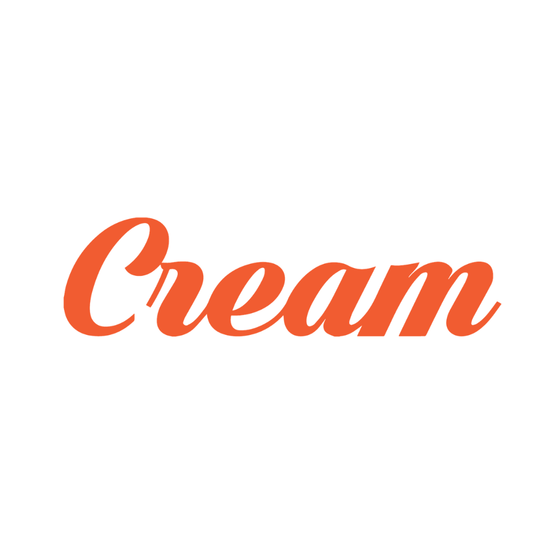 Graphic design with the word 'Cream' written in orange cursive font on a black background.