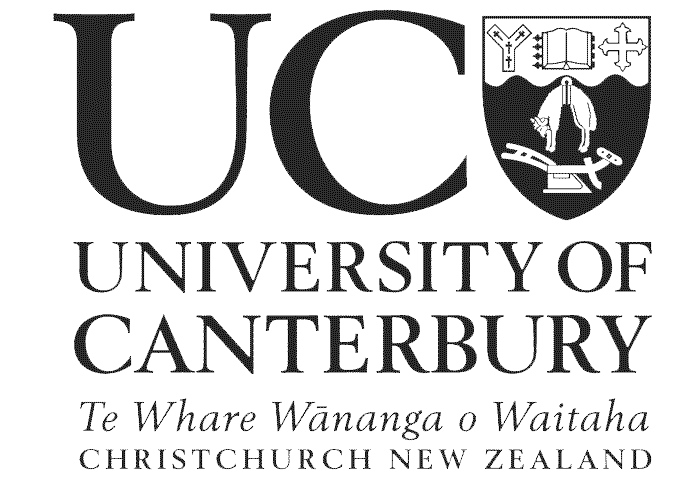 Logo of the University of Canterbury, featuring the university name and a shield with symbolic elements, and indicating it is located in Christchurch, New Zealand.