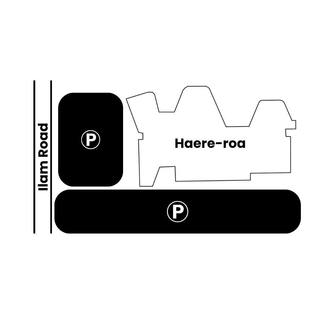 A map of the Haere-roa parking lot with two parking areas marked 'P' showing parking spaces and the parking lot entry from Ilam Road.
