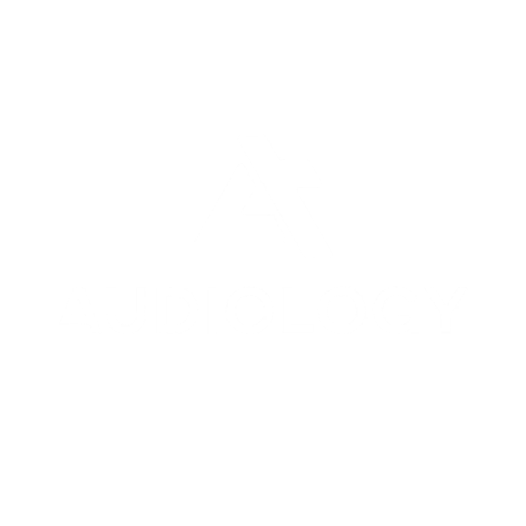 Black and white logo with an abstract geometric design and the word 'AUDIOLOGY' beneath it.